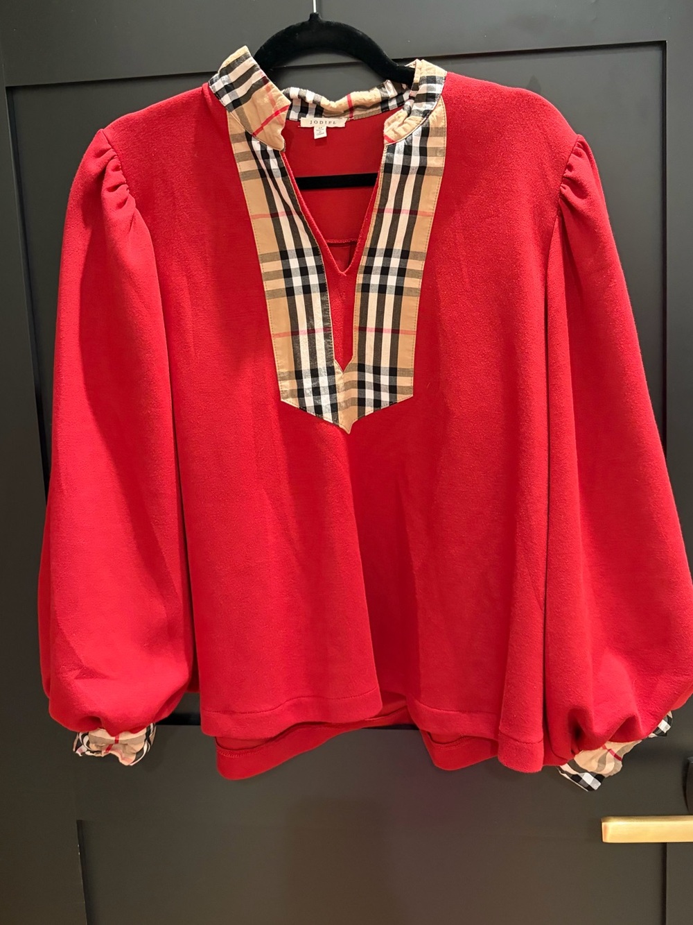 JODIFL Red Blouse with Plaid Trim
